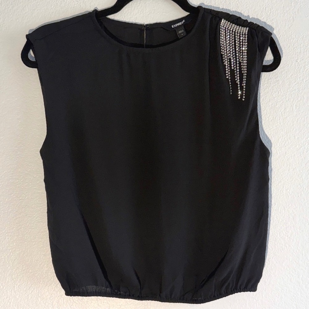 Express Black Sleeveless Blouse‎ Rhinestone Fringe Shoulder Small